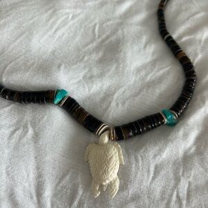Handcrafted Turtle Pendant Fetish Necklace with Domingo Bone Turquoise Accents
